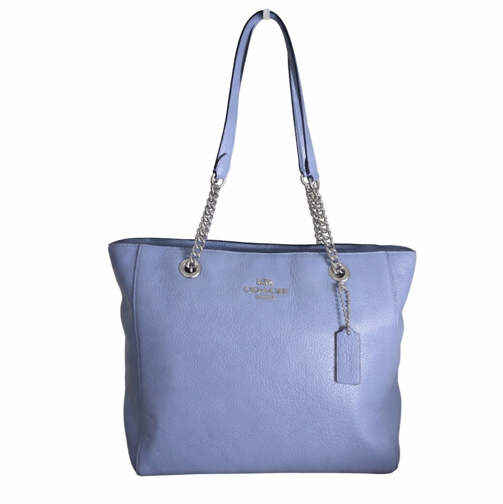 COACH C1566 Periwinkle Blue Pebbled Leather Marlie Tote Silver Chain Strap EUC